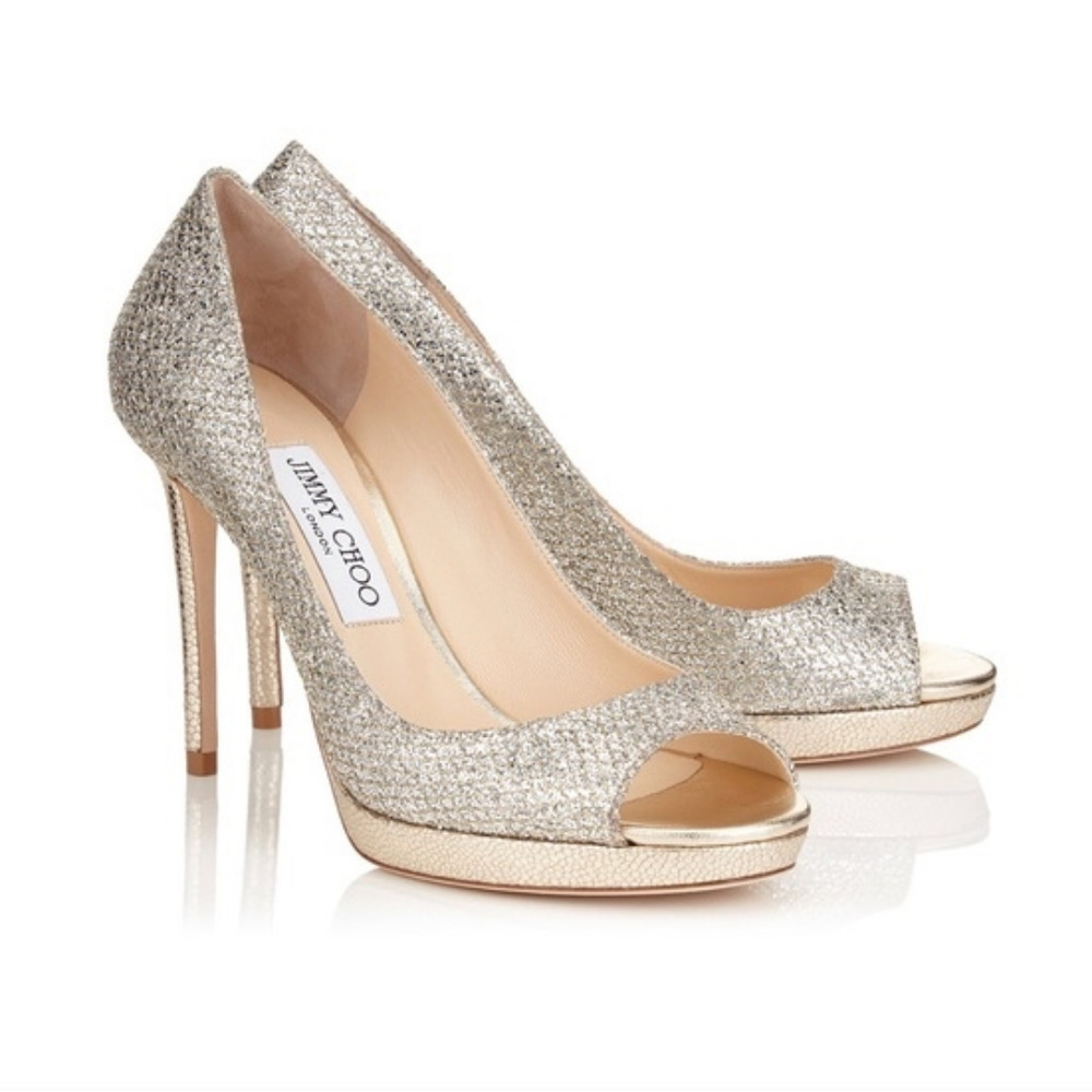 JIMMY CHOO Luna Champagne Gltter Peep Toe Size 38